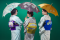 緑の背景の前で着物を着て傘をさした3人の女性が並んで記念撮影している様子