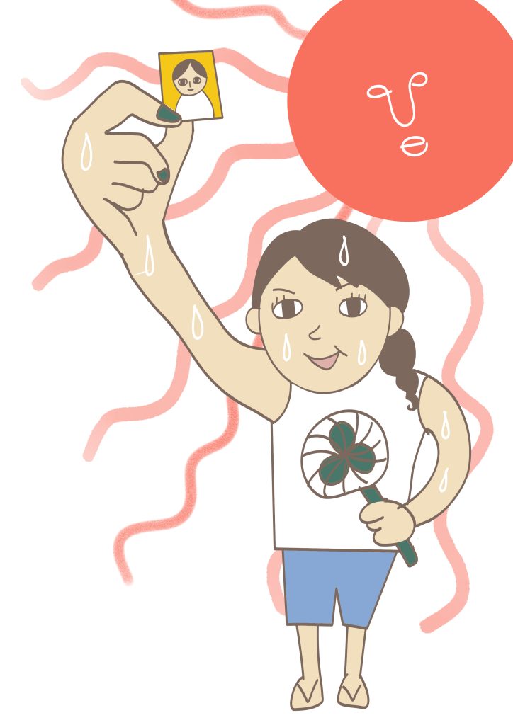 太陽の照り返が暑く汗ダラダラな日でも大丈夫と、免許証用の写真を掲げる女性。