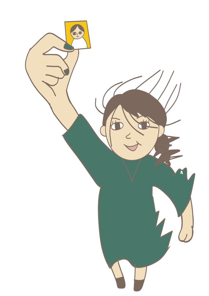 ストレスや不眠からの肌荒れや目の下隈ができても大丈夫と、免許証用の写真を掲げる女性。